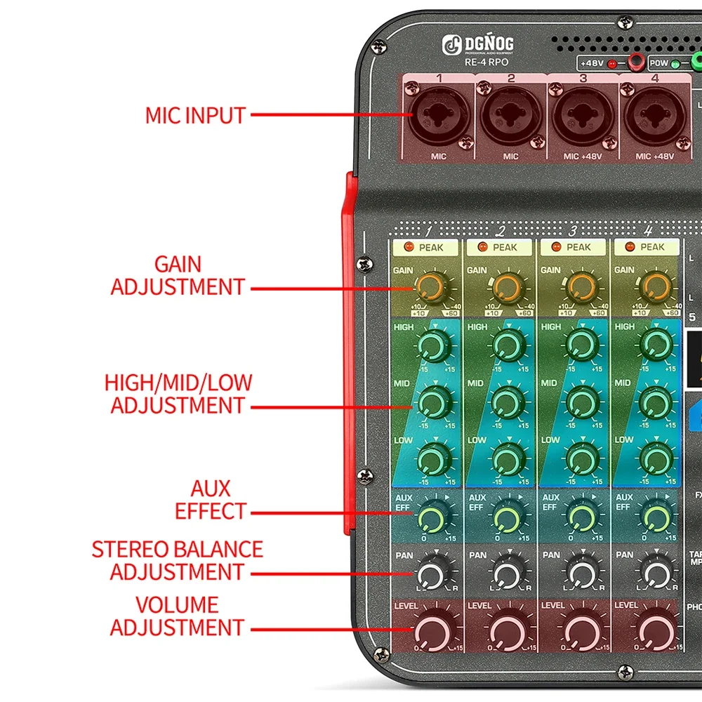 RE-4 PRO 4-Channel Sound Mixer 99 DSP Effects Professional Mixing DJ Console Bluetooth USB Interface Audio Mixer Record Computer
