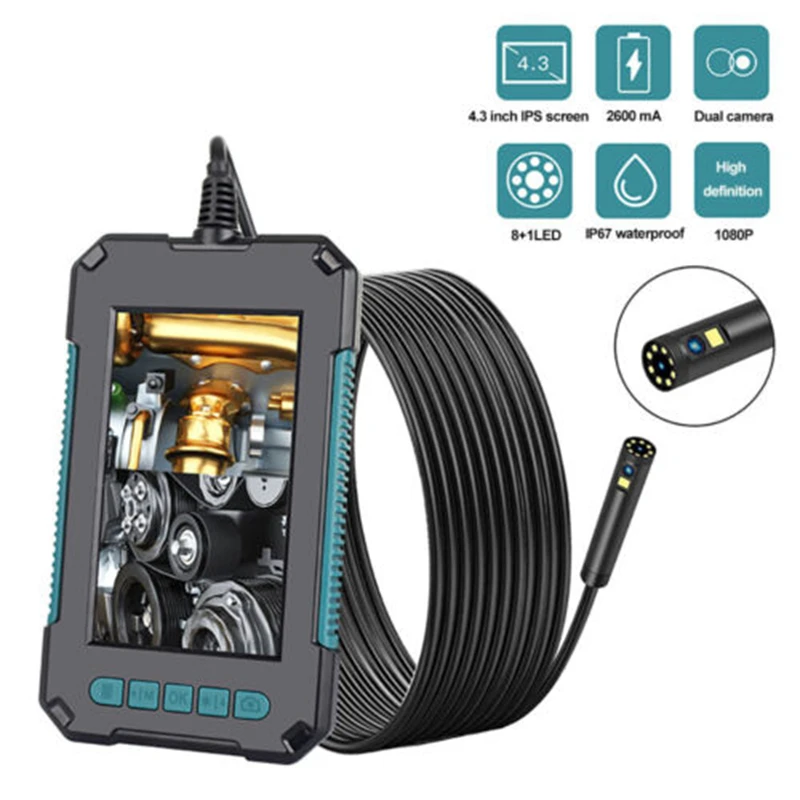 

8mm 2/5/10 meters Industrial Endoscope 1080P HD 4.3''Screen Borescope Inspection Snake Camera Double lens For Car