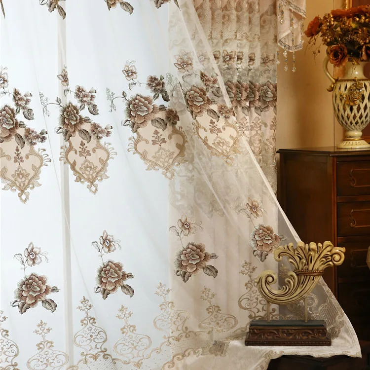 Beige European Water-soluble Embroidered French Window Curtain Curtains for Living Dining Room Bedroom