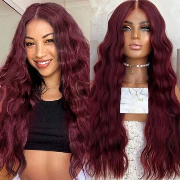 Burgundy Lace Front Wig 13x4 Frontal Natural Looking 26 Inches Long Loose Wave Wig Heat Resistant Synthetic Hair Daily Use