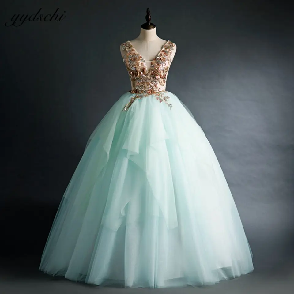 Mint Green Shiny Sequined Tulle Ruffles Evening Dresses V Neck Princess