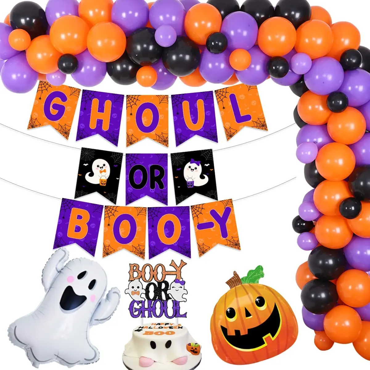 

Halloween Gender Reveal Party Decoration Boo-y Booy or Ghoul Orange Purple Balloon Garland Kit Banner Ghost Pumpkin Foil Balloon