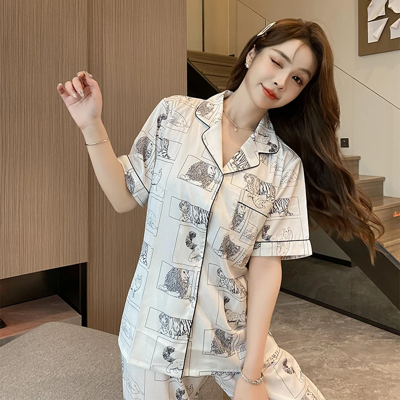 

Женский Шелковый Атласный пижамный комплект, одежда для сна, длинные брюки с коротким рукавом, Женский комплект для сна из двух предметов, модная женская одежда для отдыха