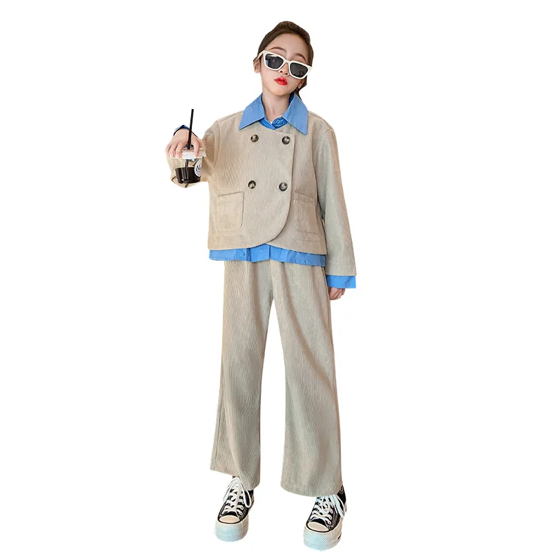 

Spring New Costume for Girl Fashion Casual Set Fake Two Pieces Jacket Top + Wide Leg Pant 2pcs Streetwear Clothes for Teen 4-14Y