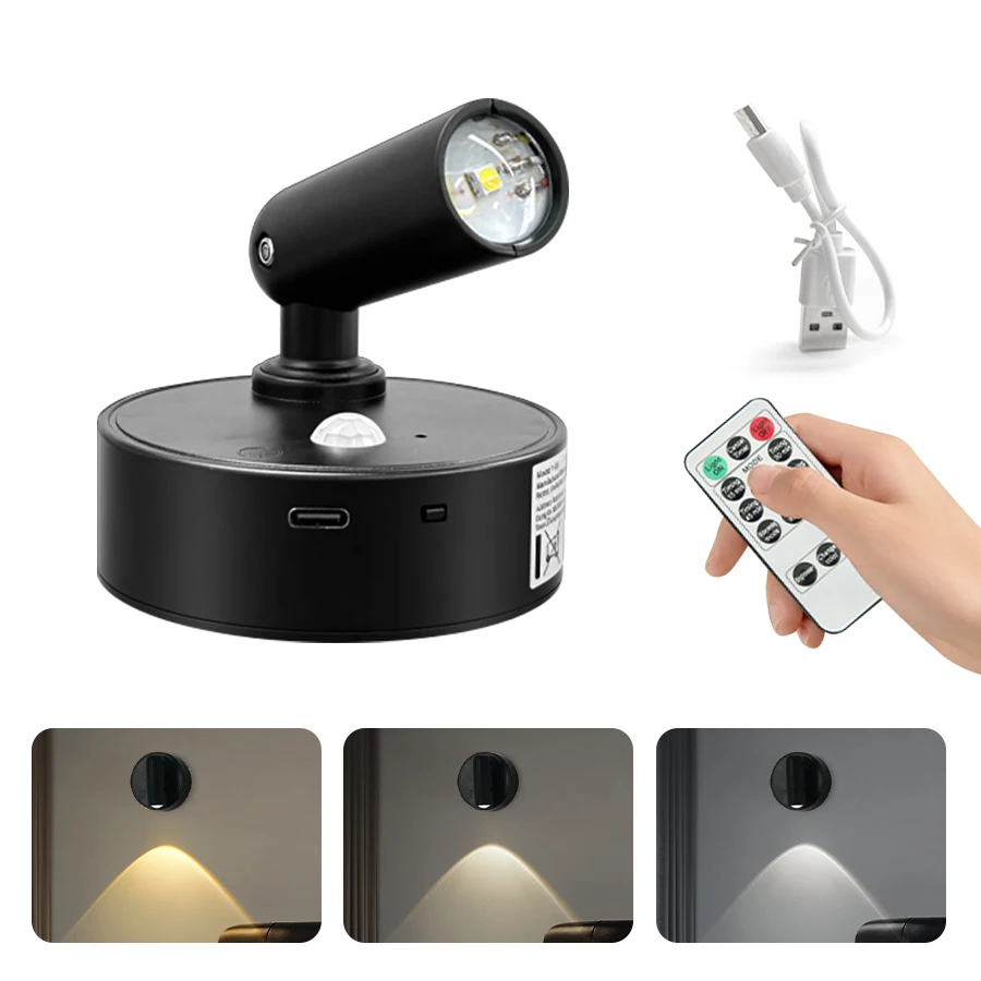 Rechargeable Cordless Motion Sensor LED Night Light with Remote Control and Touch Dimmable Magnetic Spotlight