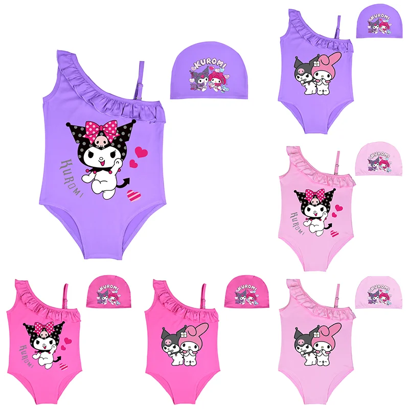 Anime Kuromi Swimwear Kawaii Dopamine Girls Costume Da Bagno Ruffle Style Sling Kids One Piece Swimwear Cosplay Beach Clothes Regalo Per Bambini