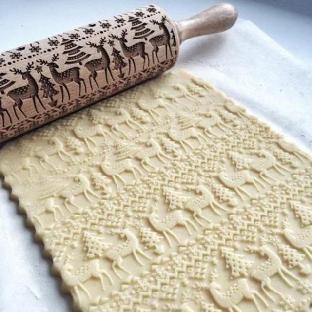 Creative Pattern Embossed Rolling Pin Biscuits Fondant Decorative Printing  Stick Beech Wood Carving Household DIY Baking Tools
