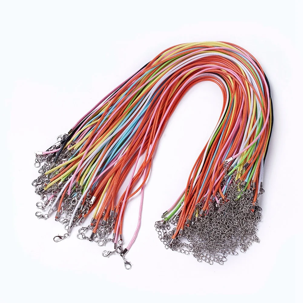100pcs 2mm Adjustable Braided Rope Necklace Pendant Charm Finding Waxed Cord Iron Lobster Clasp for Jewelry Making DIY 17.8