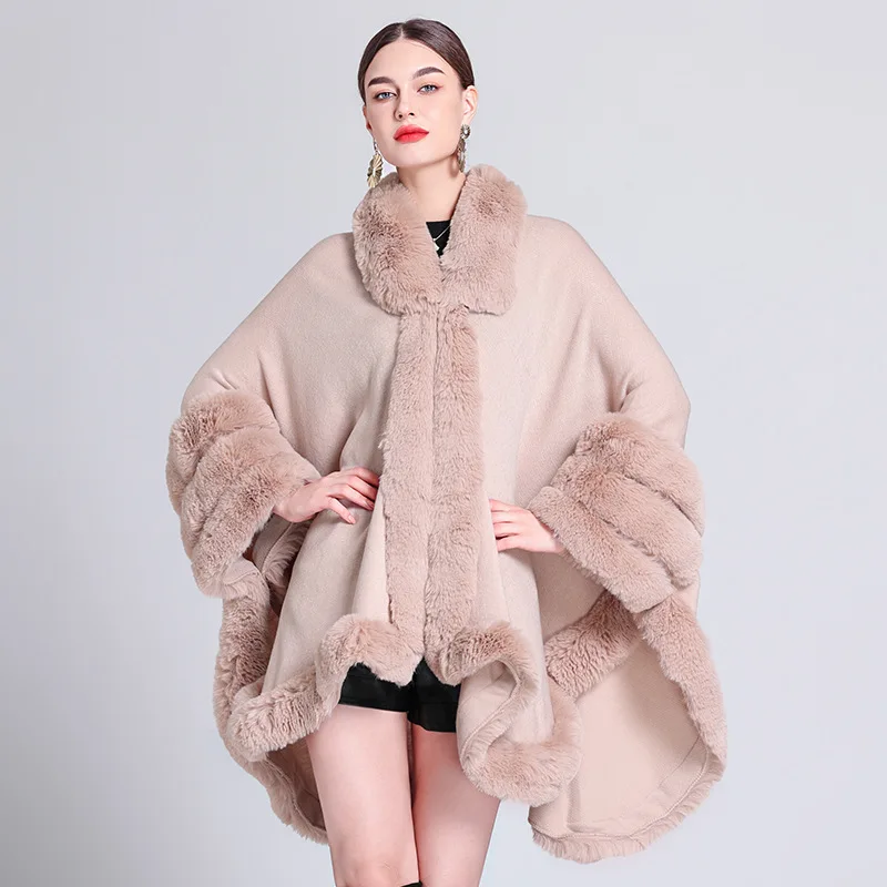 8 Colors Autumn Winter Three Circles Faux Fur Poncho Cloak Turn-down Neck Big Pendulum Loose Cape Out Streetwear Long Coat