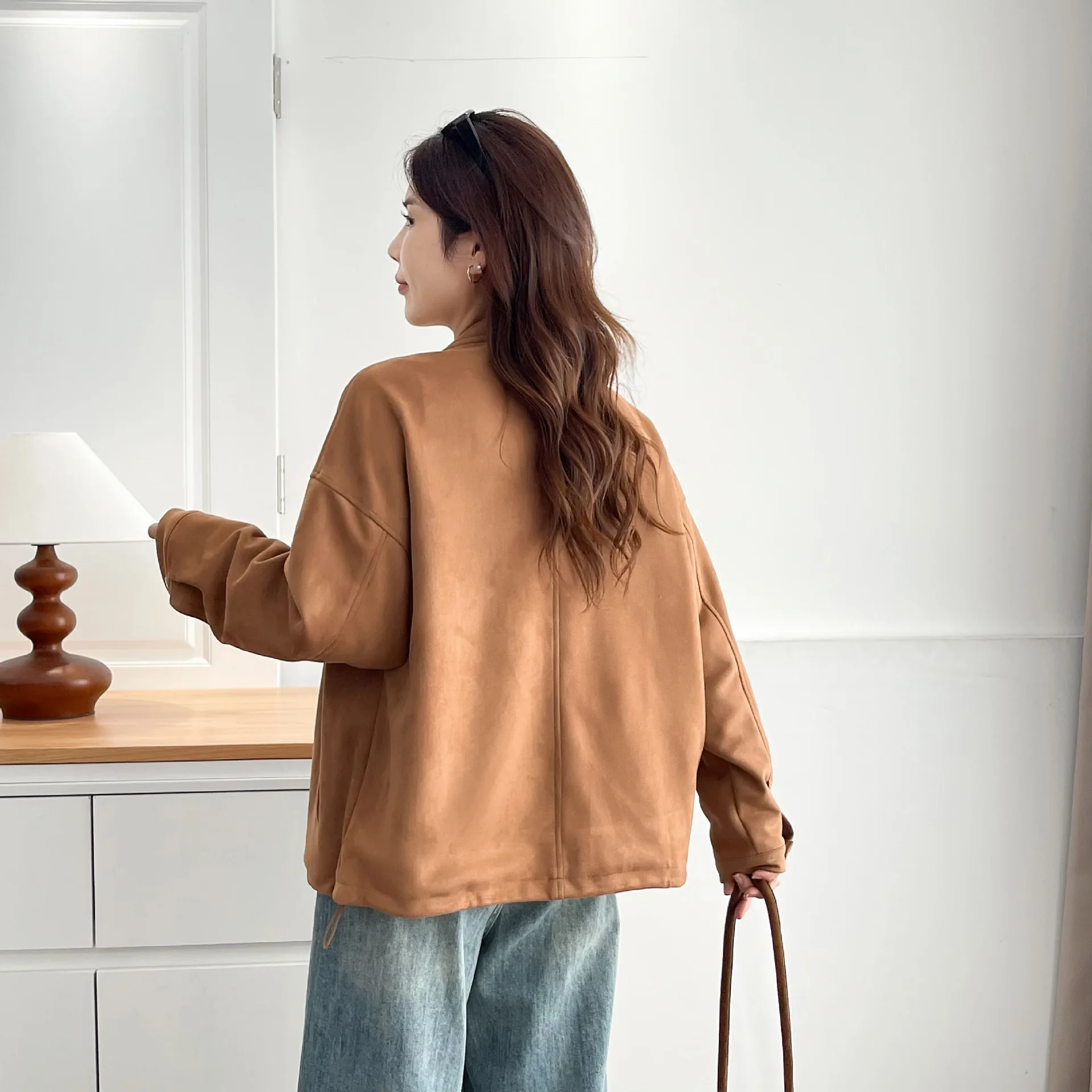 XXXXL Fashion Plus Size Women's Jacket Autumn Elegant Suede Fabric Casual Zipper Coat