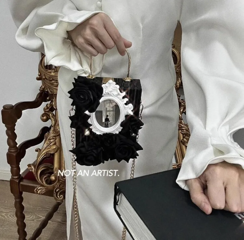 

Black Rose Flower Evening Bag for Ladies Wedding Party Purses Women's Tote Handbag Cool Girls Lolita 2yk Chain Shoulder Bag