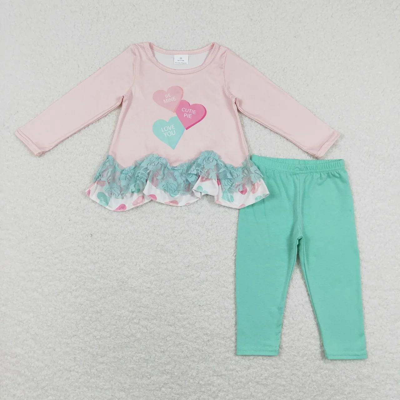 

Wholesale Baby Girl Long Sleeves Hearts Lace Tunic Kids Green Cotton Leggings Pants Children Set Children Valentine's Day Outfit