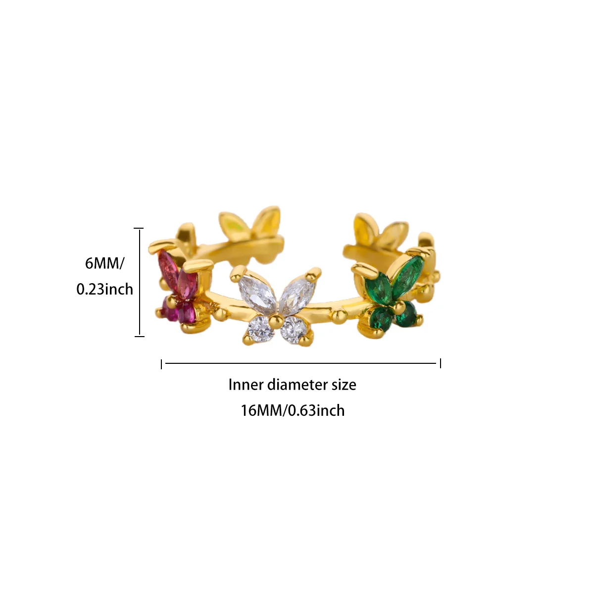 Colorful Zircon Butterfly Rings Gold Color Stainless Steel Adjustable Ring