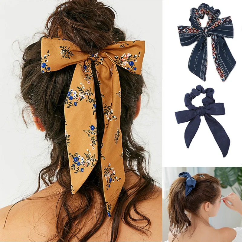 

Women Bow Streamers Hair Ring Fashion Ribbon Girl Hair Bands Scrunchies Horsetail Tie Solid Headwear Hair Accessories