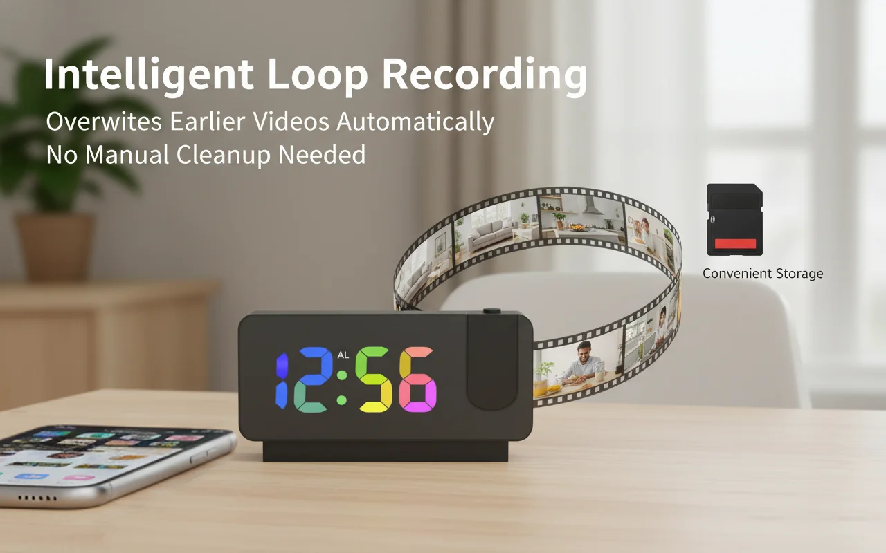 Projection clock camera showing time in a dim room