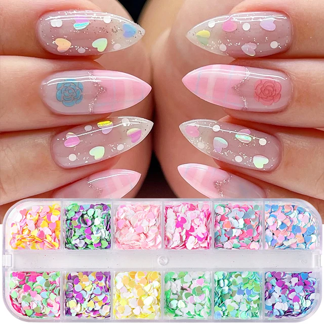  Holographic Nail Art Glitter Sequins, 3D Gold Pink