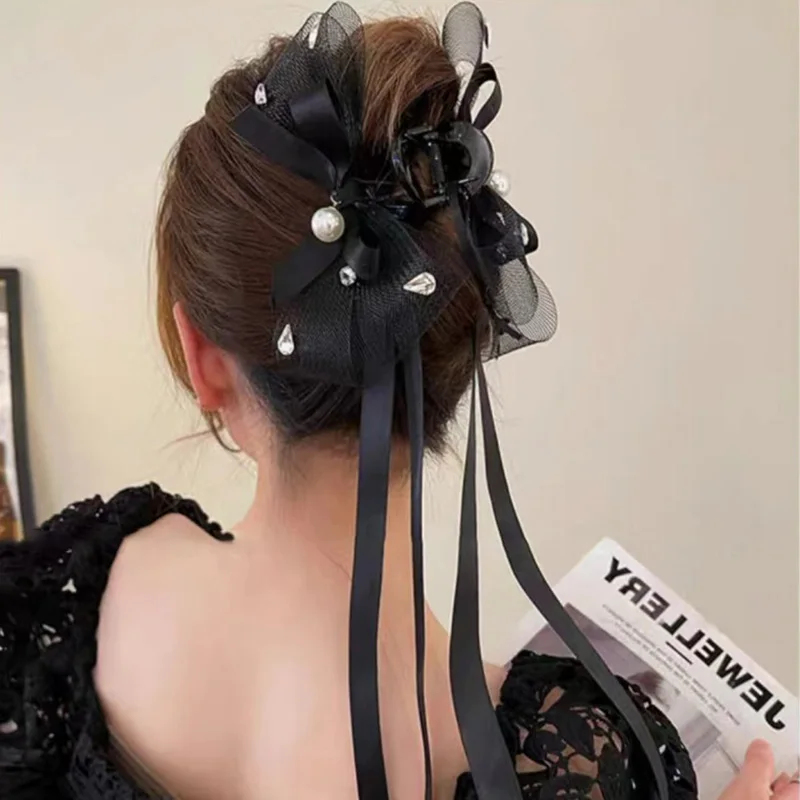 Super Big Mesh Bow Pearl Rhinestone Hair Claw Hairwear Temperament Lady Chiffon Bowknot Hair Clip Claw Fashion Hair Accessory ins chic europe french irregular velvet hand bead rhinestone woman velour mini skirt high waist bodycon lady bottom black winter