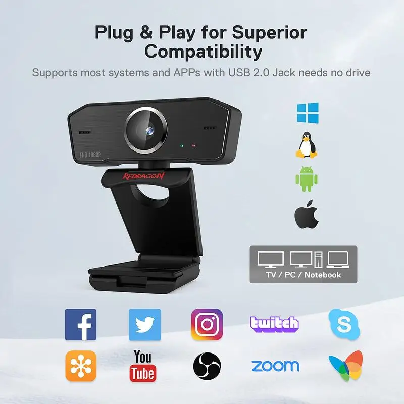 Redragon GW800 1080P PC Webcam with Built-in Dual Microphone, 360