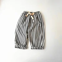 Spring Summer Boys Striped Loose Pants Baby Girl Vintage Casual Linen Cotton Harlan Pants Kids Lace-up Pant Children Clothing 3