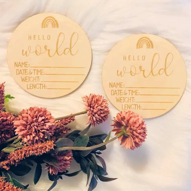 Wooden Baby Announcement Sign - 'Hello World' Newborn Name, Weight, Height Plaque For Nursery & Photo Props - View #7