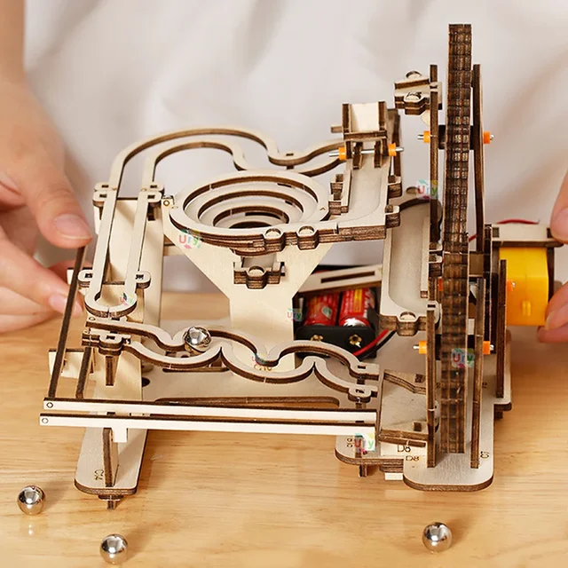 Ury 3D Wooden Puzzles Electric Catapult Track Device Marble Run Set Mechanical Model Science Maze 5 Balls Assembly Gift for Kids 3