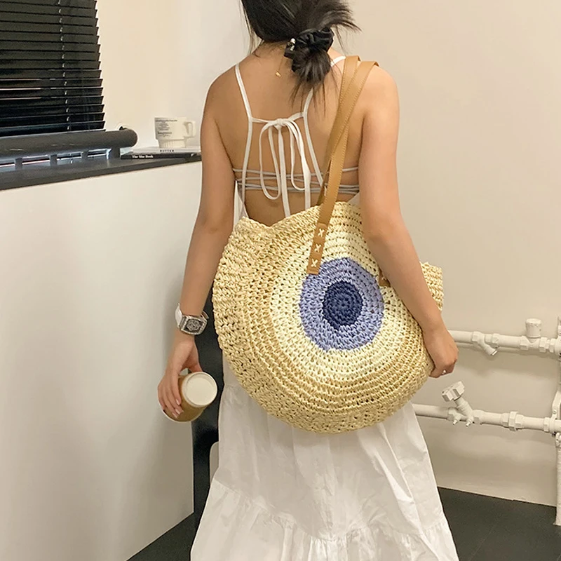 Straw Bag Women Hand-Woven Handbag Round Shape Rattan Bag Big Capacity Casual Beach Shoulder Crossbody Bag