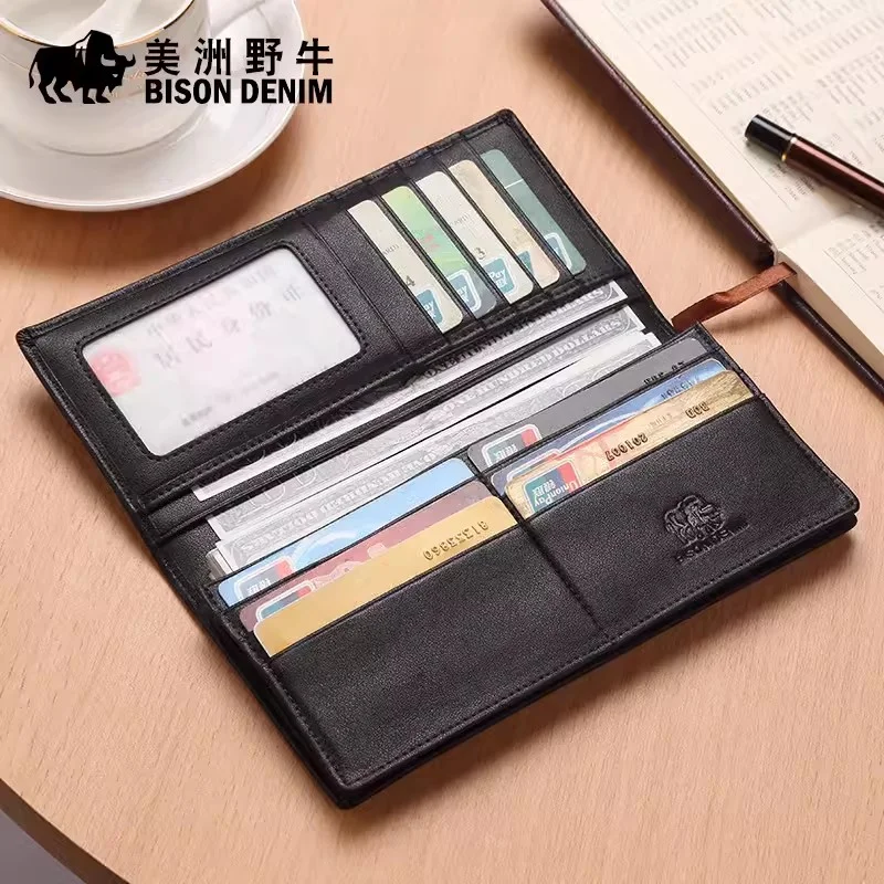 BISON DENIM Cowskin Leather Men Wallets Multi-Functional Cowhide Coin Purse Slim Genuine Leather Wallet Men Card Holders N4437 2