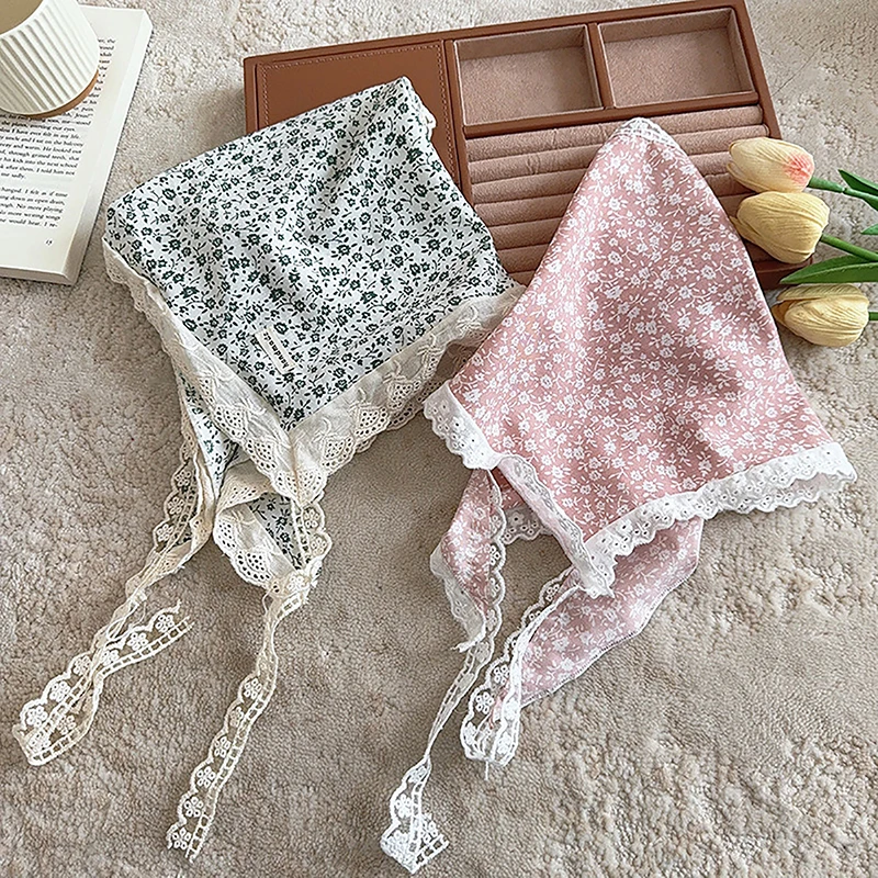 

French Lace Triangle Hair Scarf For Women Girls Fashion Trend Sweet Bohemia Printed Scarves Headbands Pastoral Style Headdress