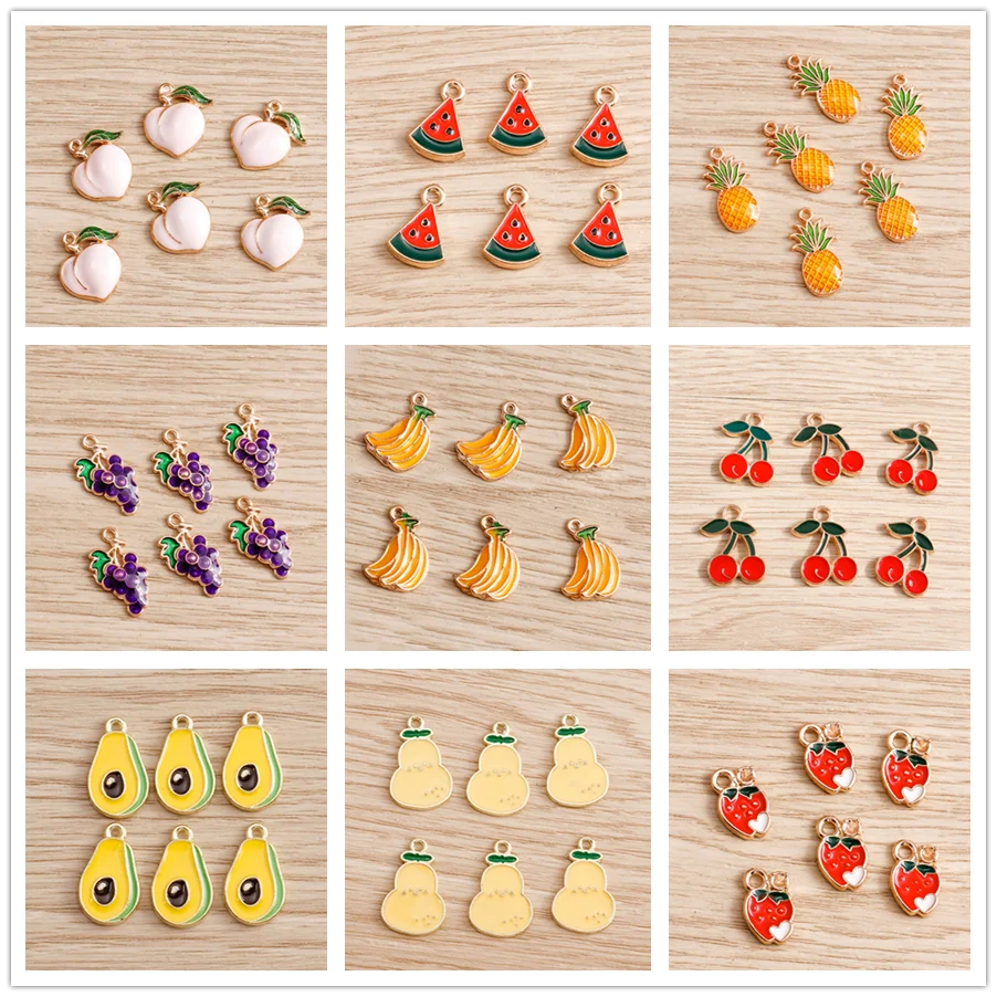Tusember 10 Stück Niedliche Frucht-Emaille-Anhänger (Banane, Karotte, Apfel, Pfirsich, Kirsche, Erdbeere) für Schmuckherstellung, Ohrringe, Halsketten, DIY
