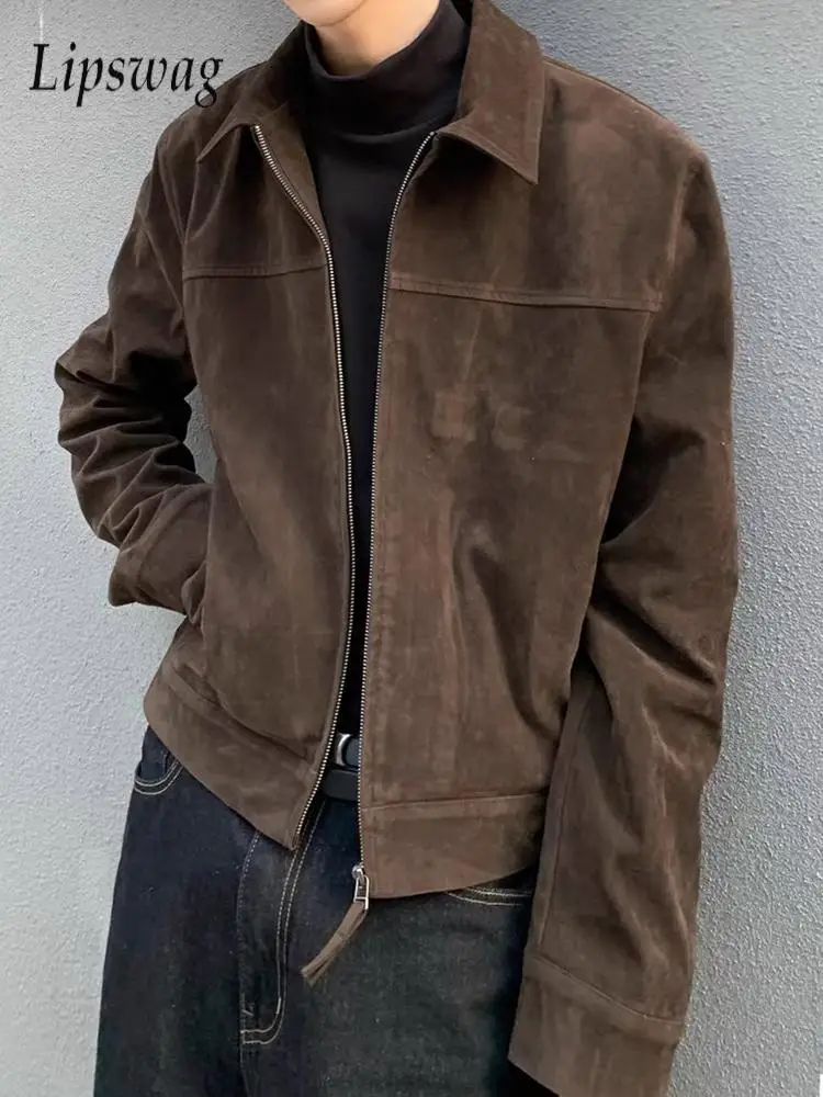 Vintage Slim Fit Long Sleeve Mens Jackets Streetwear Fashion Solid Color Short Jacket Coat Men Fall Casual Zipper Lapel Outfits