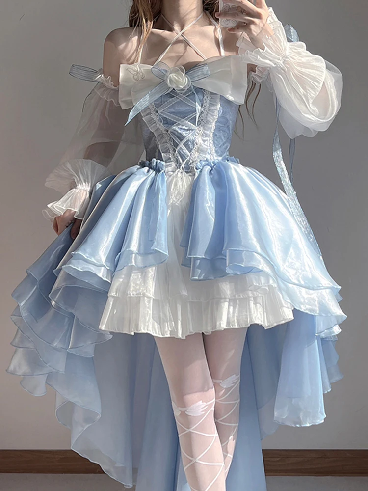 

New Blue Color Dress Short Front and Long Back Bow Trailing Princess Skirt