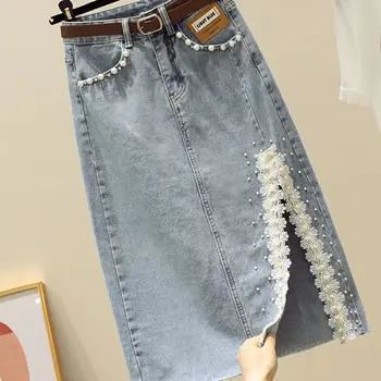 Split Bead Lace Denim Skirt Women's 2026 Spring Summer New High-waisted Thin Medium Long Arm Skirt