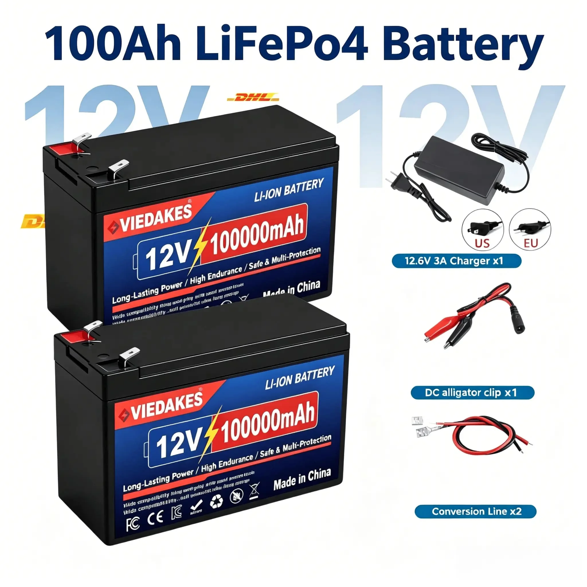 🌍12V 100Ah LiFePO4 Lithium Battery 12.8V Deep Cycle Rechargeable Battery Perfect for RV Camper Yacht Emergency Power Supply