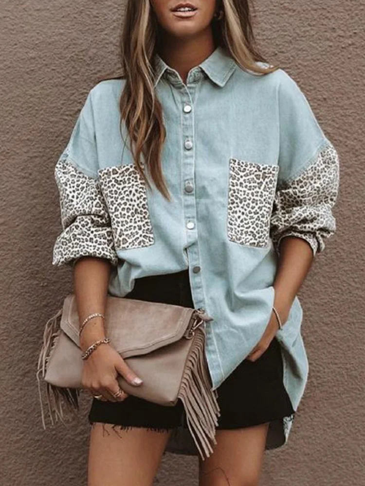 

Leopard Print Drop Shoulder Button Up Denim Shirt