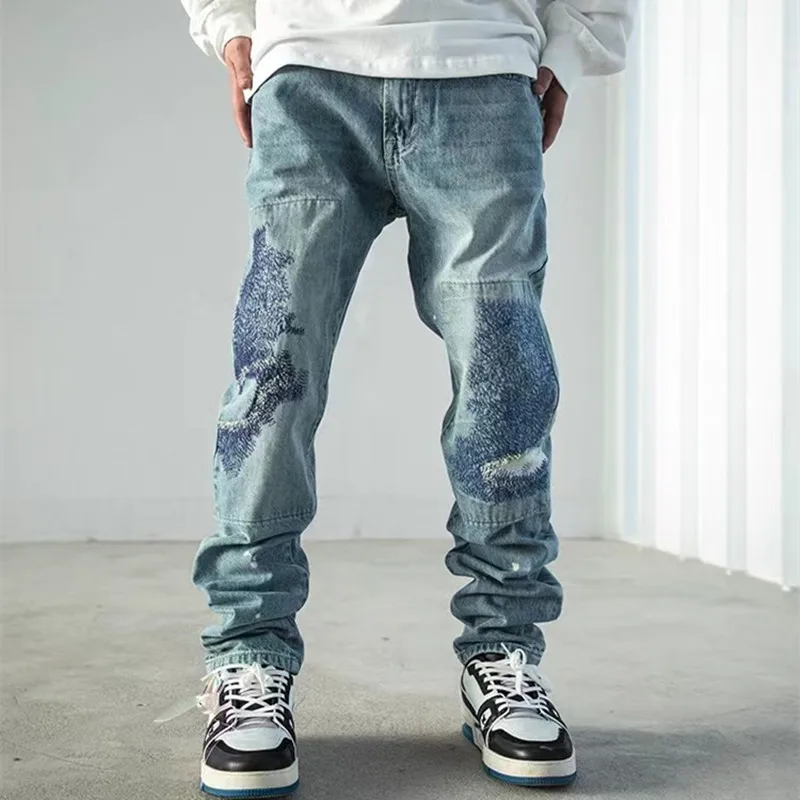 Y2K Streetwear Patch Embroidery Ripped Stacked Jeans Pants Men Clothing Straight Old Hip Hop Denim Trousers Pantalon Homme