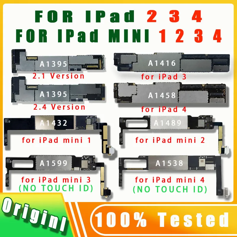 Iphone Motherboard Mobile Motherboard 100% Original NO iCloud A1432 A1489 A1599 A1538 For IPad mini 1 2 3 4 Motherboard A1395 A1416 A1458 For iPad 2 3 4 Logic Boards