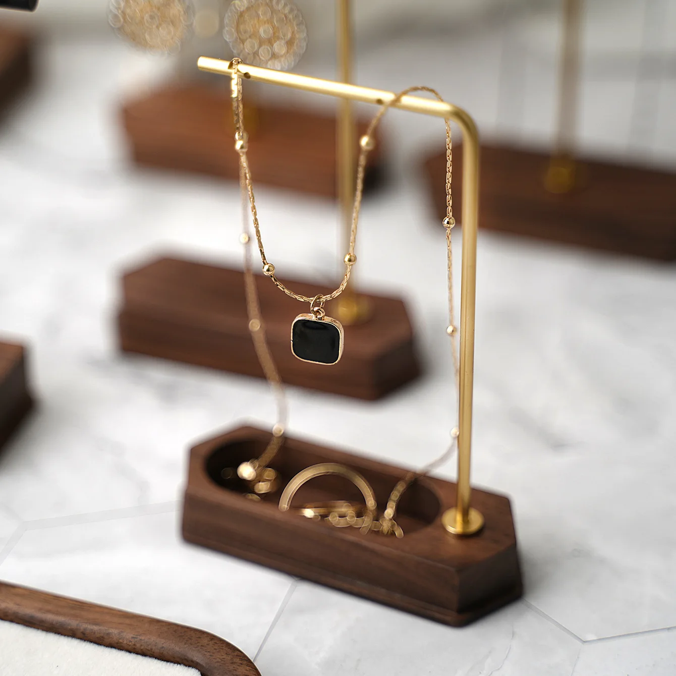 Elegant Copper and Wood Jewelry Display Stand for Necklaces and Earrings
