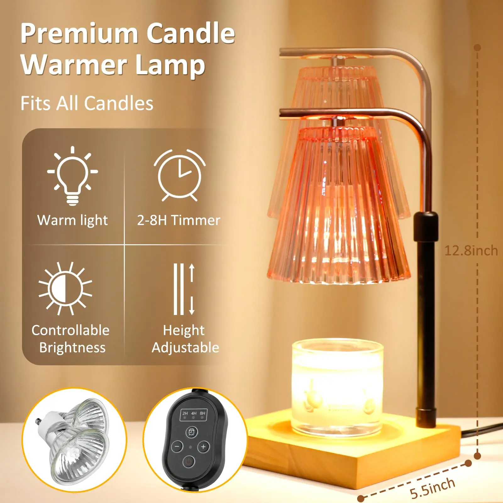 REIDEA Candle Warmer Lamp with 2 Bulbs US 110V , Timer, Adjustable Light Height, Dimmable Warmer for Small and Large Jar Candles