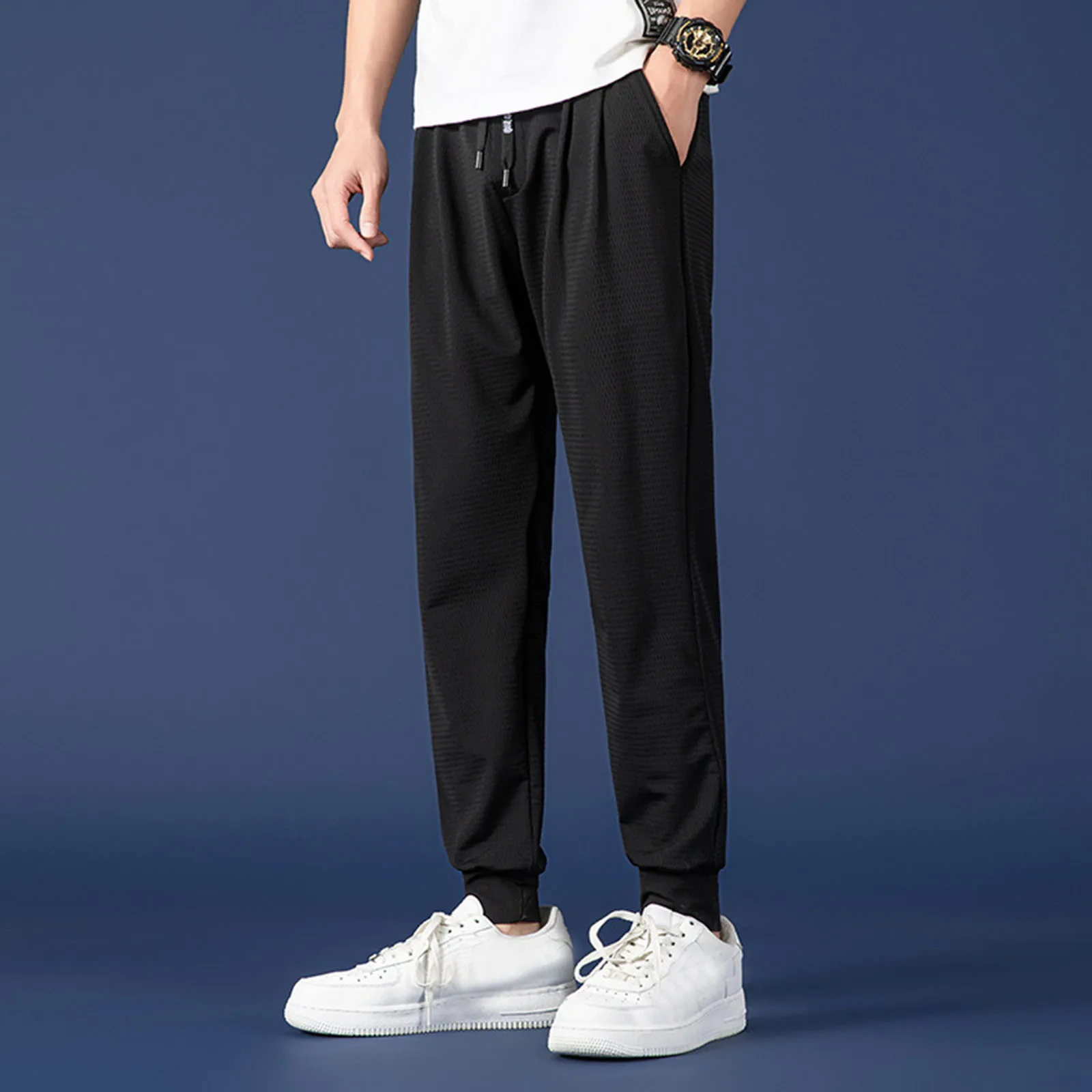 Mens Mesh Sweatpants Breathable Solid Color Bunched Feet Jogging Trousers Drawstring Double Pocket Sports Pants Retro Sportswear