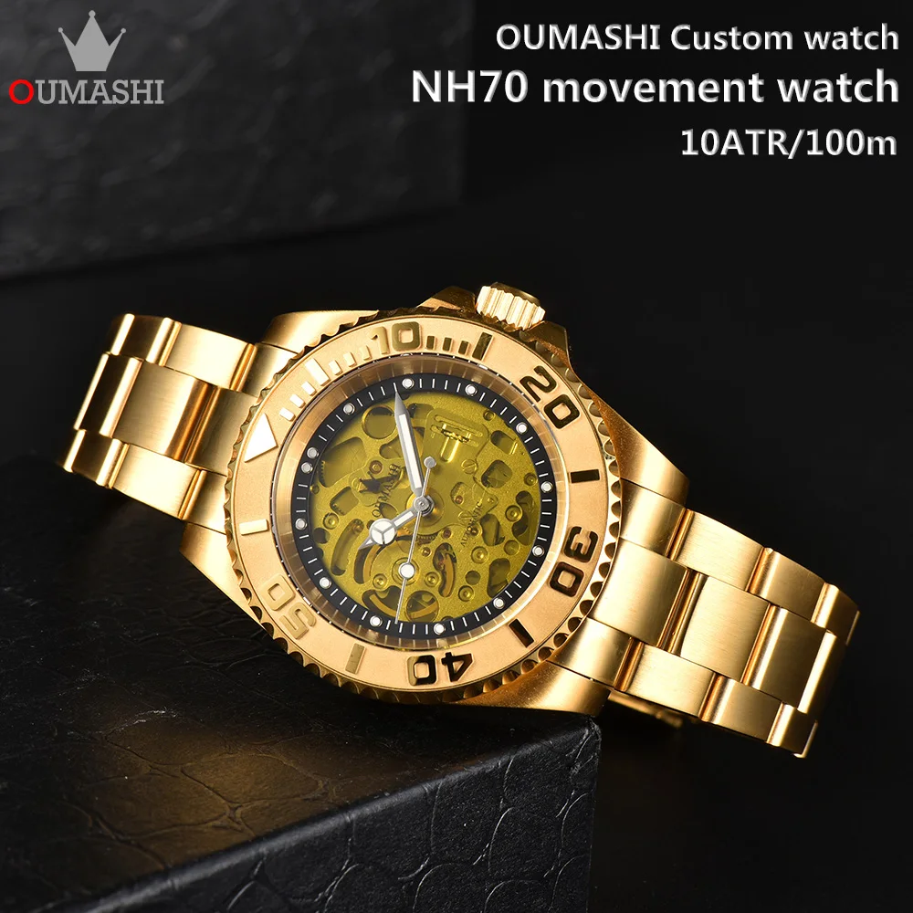 

Watch for men NH70 movement steel strap sapphire crystal luminous dial automatic gold waterproof Mod aseptic watch
