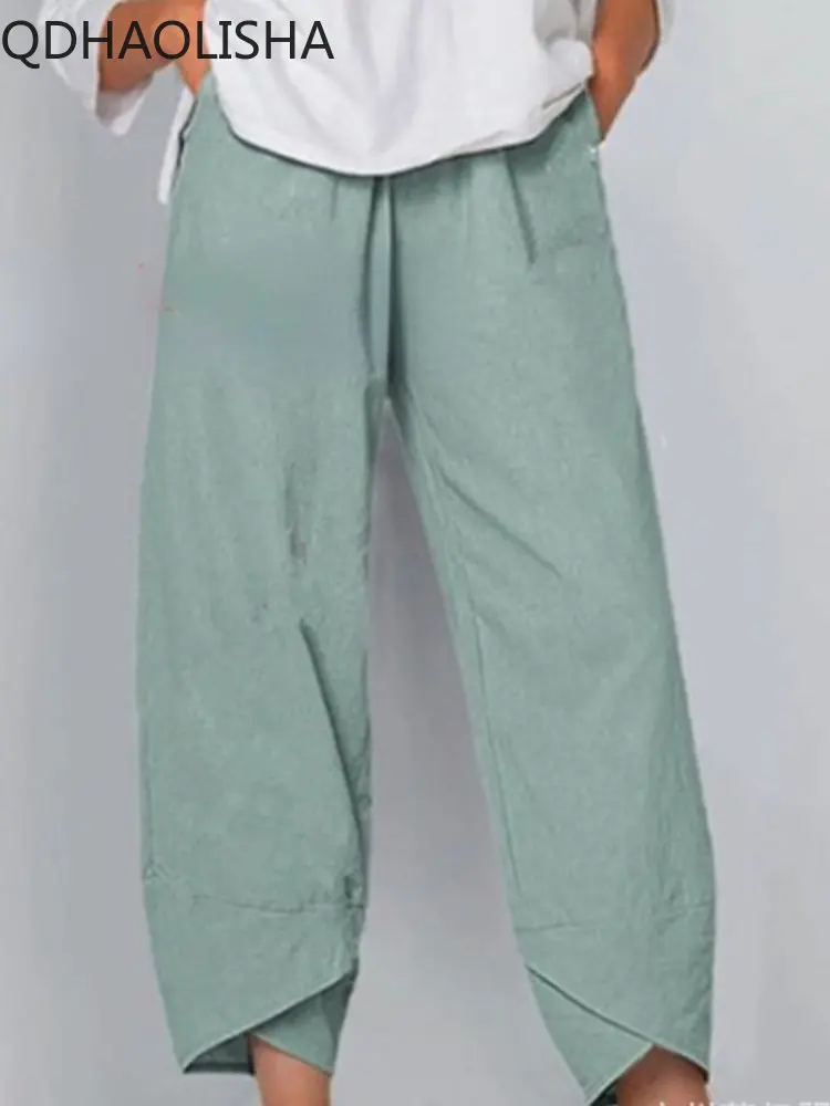 헐렁한 바지 여성 한국어 패션 탄성 허리 코튼 느슨한 캐주얼 발목 바지 streetwear 높은 허리 여름 여성 바지