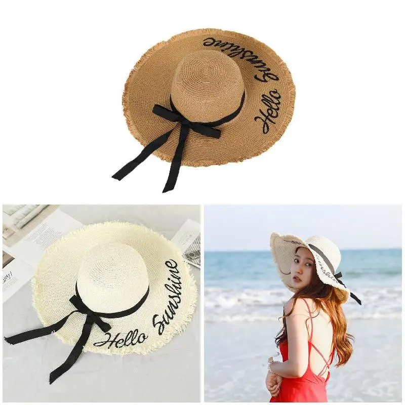 Weave Sun Hats Straw Hat Black Ribbon Tie Up Caps for Women Summer Beach Outdoor Women Summer Beach Outdoor Hats Caps