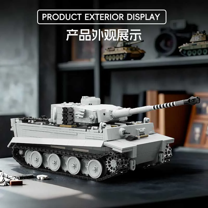 Snow-Covered WWII Tiger Heavy Tank Building Block Set - Black Tracked Armored Vehicle Toy