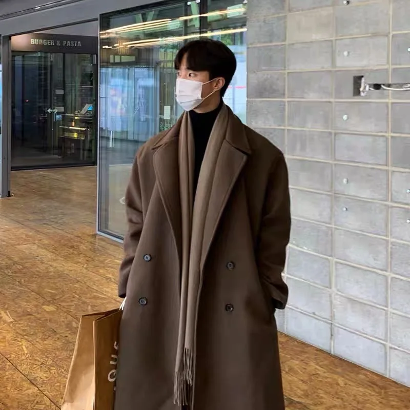 Handsome Korean Style Slim-Fit Mid Length Long Length Woolen Cloth Coat and Trench Coat