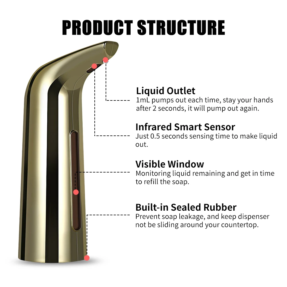 400mL Automatic Soap Dispenser Infrared Hand-free Touchless Dish Liquid Lotion Gel Shampoo Chamber for Bathroom Kitchen