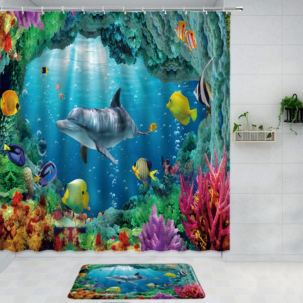 

2pcs Beach Scenery Shower Curtain with Anti Slip Bath Mat Set Sea Starfish Shells Dolphins Blue Ocean Decor Bathroom Rug Carpet