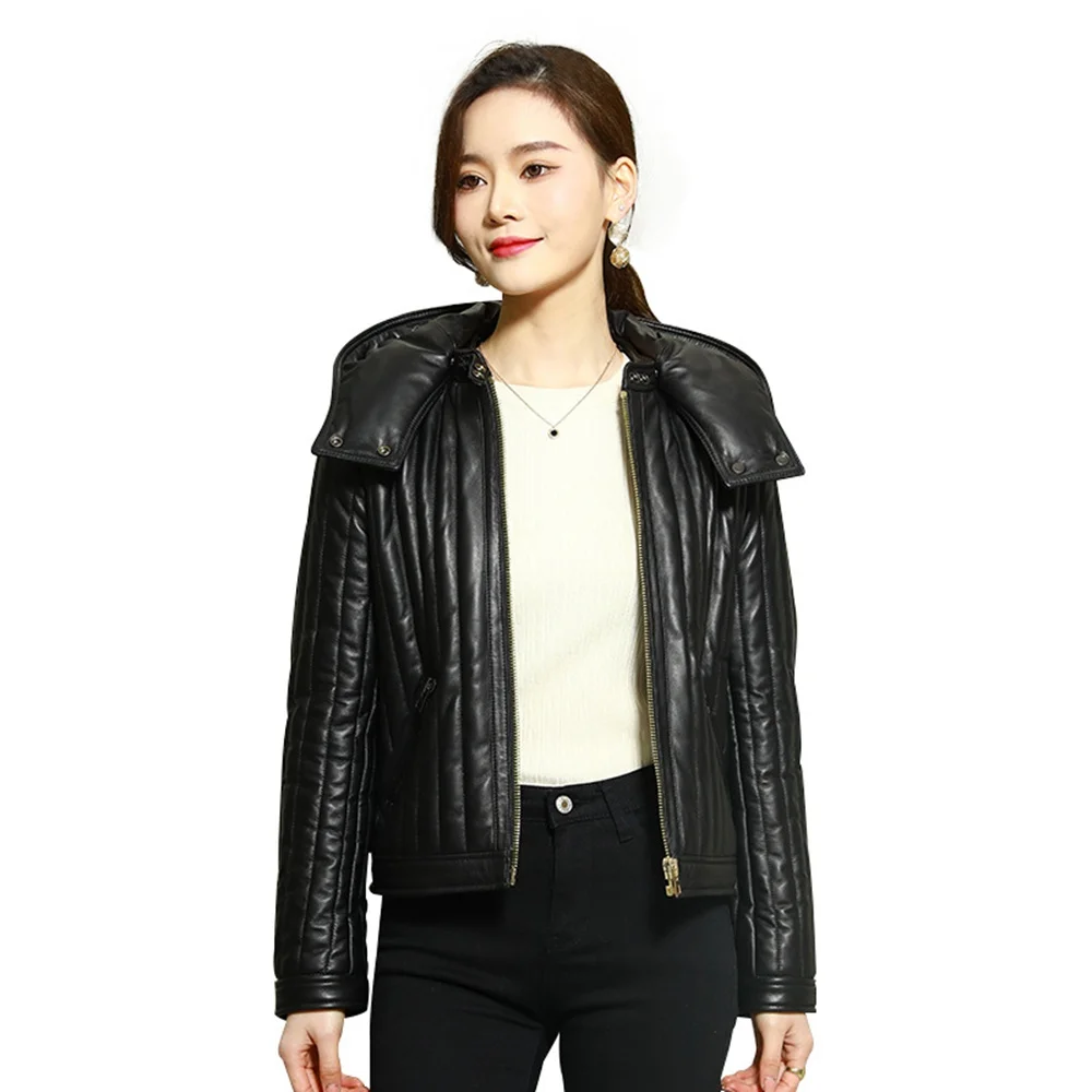 

Замшевая куртка из натуральной овечьей кожи с капюшоном, женское мотоциклетное пальто, костюм LF2329SF