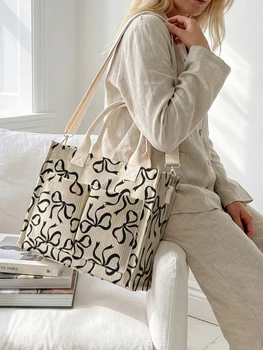 Beige Corduroy Tote Bag with Black Bow Print – Large Capacity - Image 2