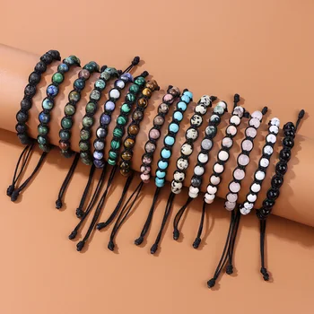 도매 로프 꼰 팔찌 천연 석재 6mm 라운드 비즈 팔찌 조정 가능한 수제 직조 팔찌, 여성 남성용