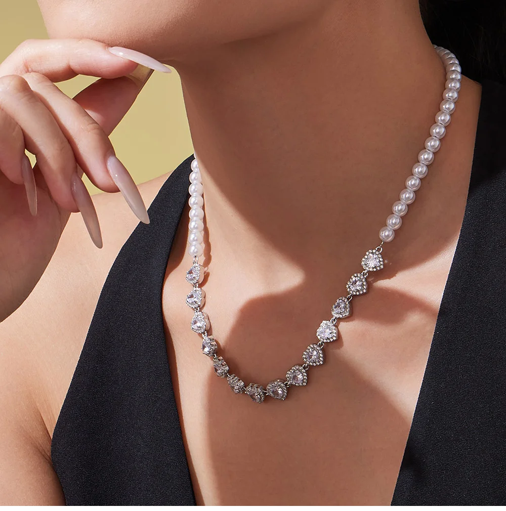Weiße Imitationsperle Perlenkette Halskette Damen Edelstahl vergoldet glänzender Zirkon Herz Halskette Halsband Luxusschmuck – Detail 8